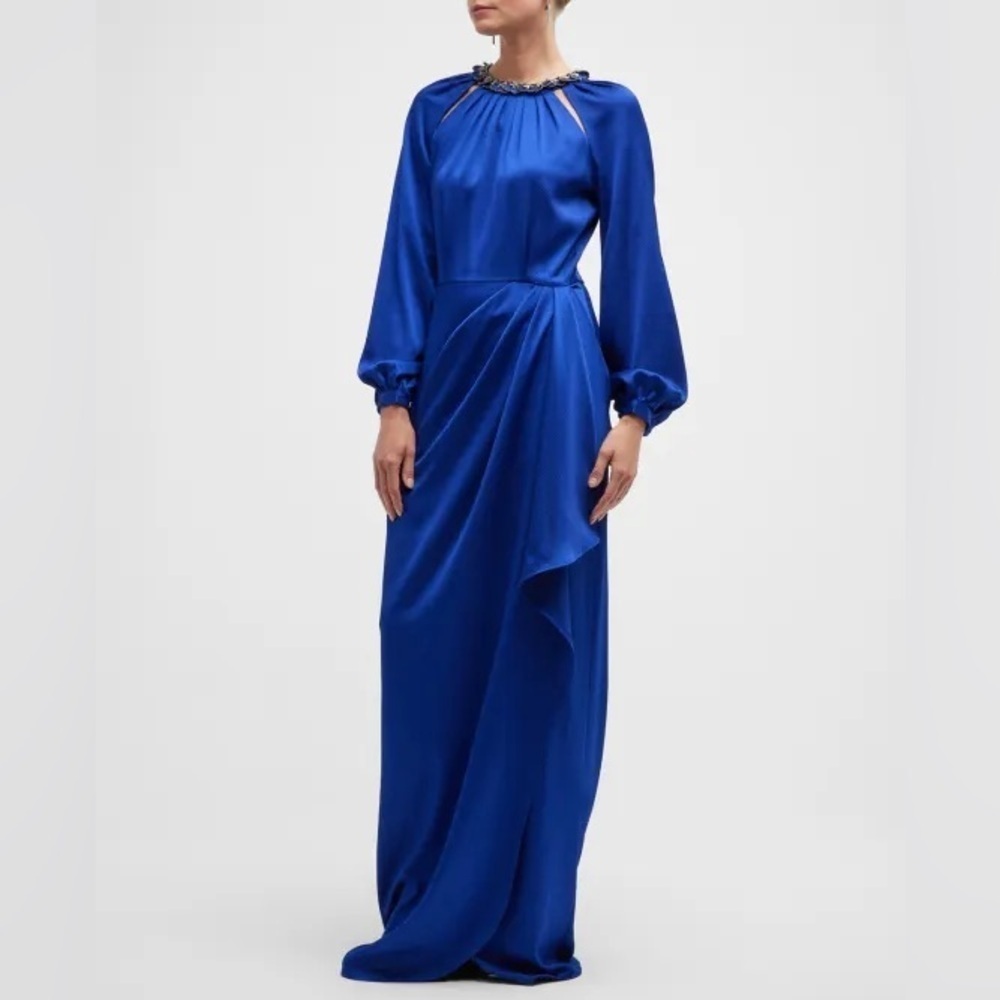 Rickie Freeman Teri Jon Sapphire Pleated Blouson Hammered Satin Gown